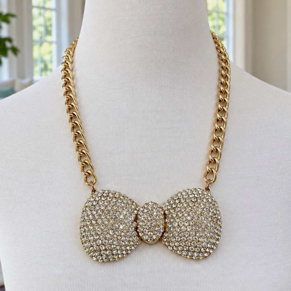Gold Tone Statement Necklace Large Bow Pendant Crystal Rhinestone Pavé Lobster